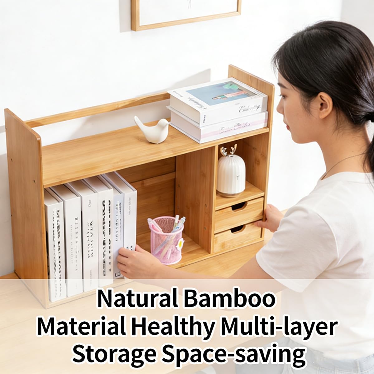 Bamboo Desktop Bookshelf – Small Bookshelf for Desk with Drawers, Double Layer Display Shelf & Desk Hutch Organizer for Office, Dorm & Computer Desk (22.8"x7.5"x18.1")