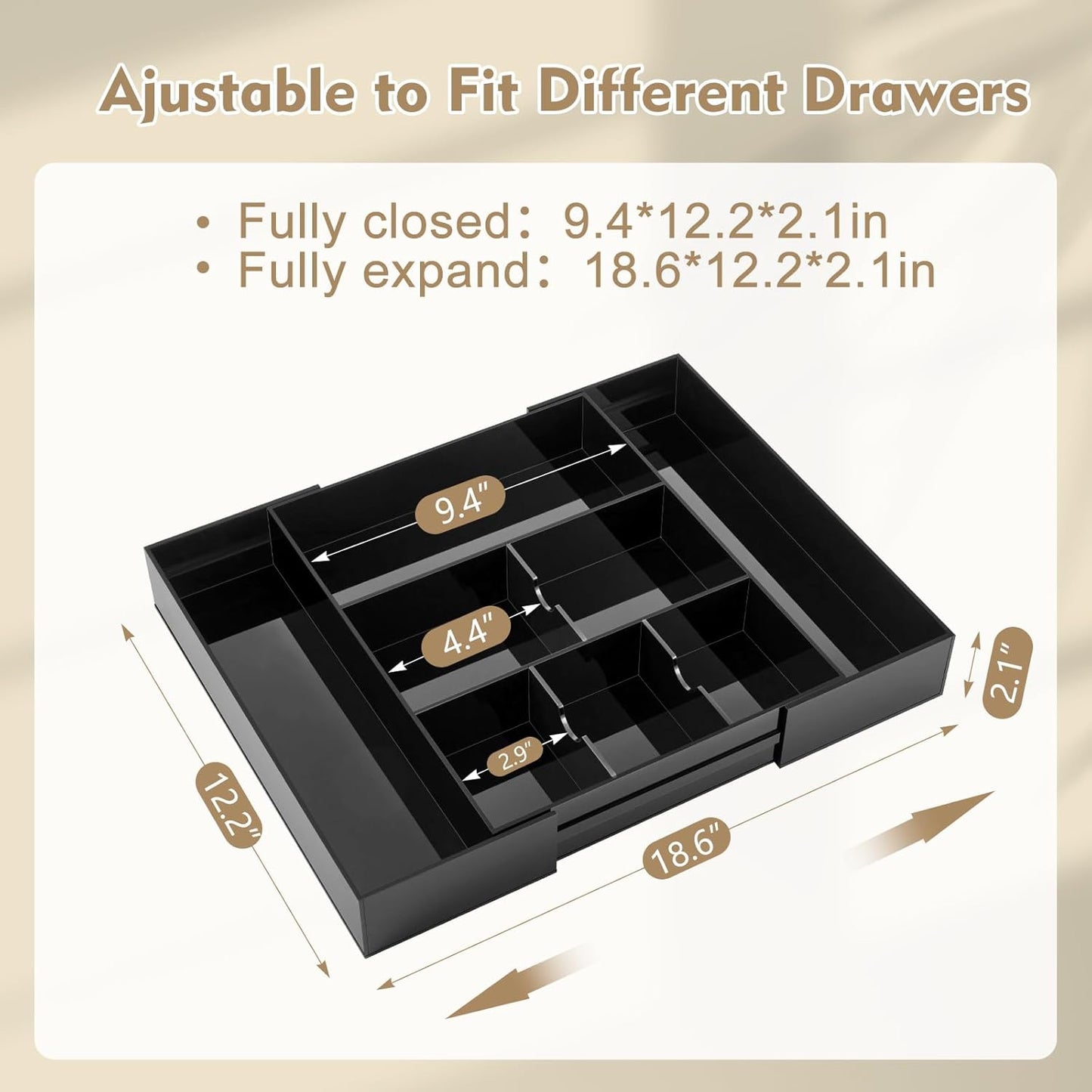 Briwooody 1 Pcs Acrylic Desk Drawer Organizer 9'' up to 16'' x 12'' x 2.2'' Expandable Drawer Organizer Trays with 10 Adjustable Compartments Clear Desk Accessories for Makeup Office Bathroom