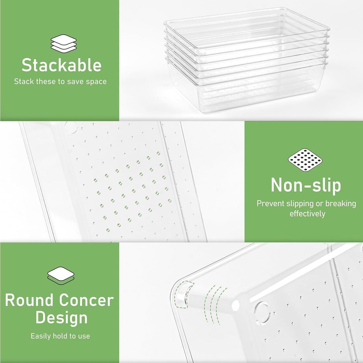 6 Pack Drawer Organizers, Plastic Clear Acrylic Non Slip Non Cracking kitchen drawer organizer Stackable Bathroom Drawer Organizer Trays, Storage Bins for Makeup, Bathroom, Kitchen Office