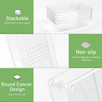 6 Pack Drawer Organizers, Plastic Clear Acrylic Non Slip Non Cracking kitchen drawer organizer Stackable Bathroom Drawer Organizer Trays, Storage Bins for Makeup, Bathroom, Kitchen Office