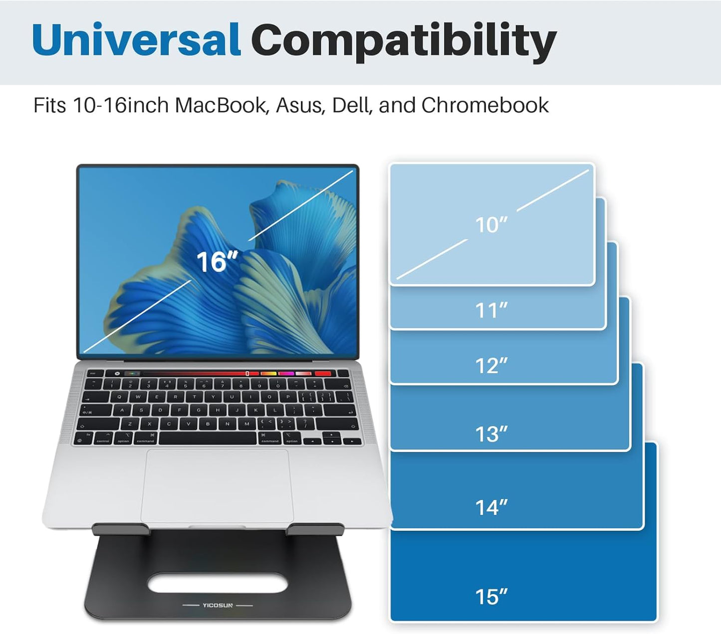 YICOSUN Adjustable Laptop Cooling Stand with 2 Quiet Fans & RGB Lighting, Aluminum Alloy & Foldable Ergonomic Design for MacBook, Lenovo, ASUS, Dell 10-16 Inch, Perfect for Gaming, DJ, Office - Silver