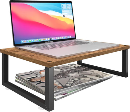 Simple Trending 2 Pack Monitor Stand Riser, Wood Desk Storage Organizer for Office Laptop, Computer, Antique Brown
