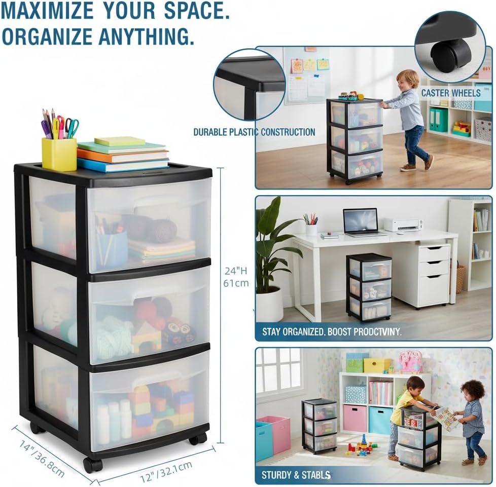 3-Drawer Storage Tower with Removable Clear Plastic Bins, Tool-Free Assembly, Multiple Sizes for Home Office (15.7"W)
