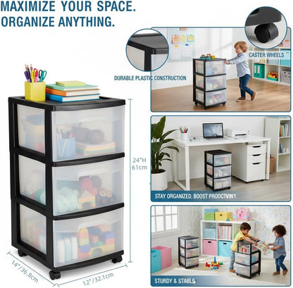 3-Drawer Storage Tower with Removable Clear Plastic Bins, Tool-Free Assembly, Multiple Sizes for Home Office (15.7"W)