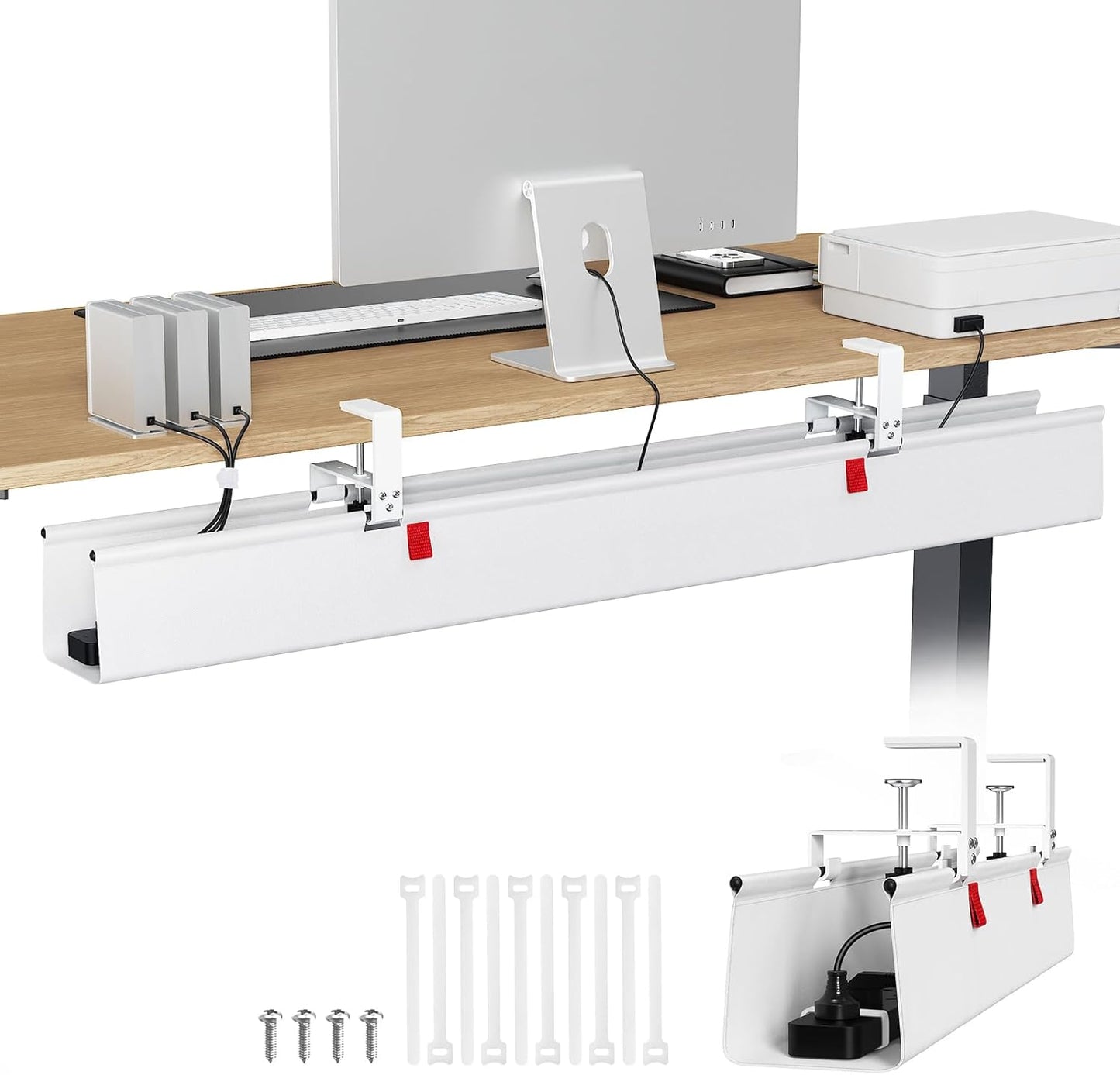 KEEGH Extra Large 48" Under Desk Cable Management Tray - Under Desk Cord Management - Clamp/Screw Mount - Support Upto 70lbs - Fabric Wire Management - Cable Raceways Tray Cord Hiders for Office/Home