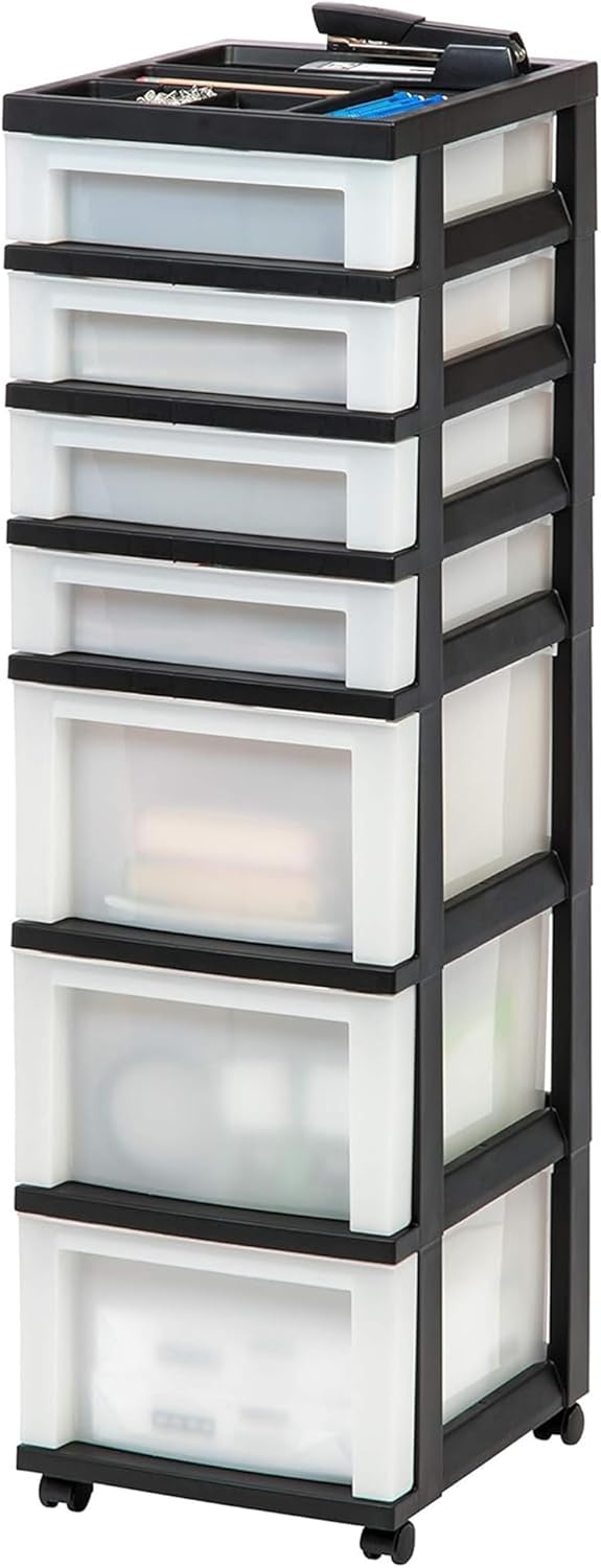 IRIS USA Plastic Drawer Storage Organizer Rolling Cart, with Wheels Casters, 4-Drawers, for Classroom Art Craft Supplies Dresser Closet Bathroom Laundry Room, Black/Pearl
