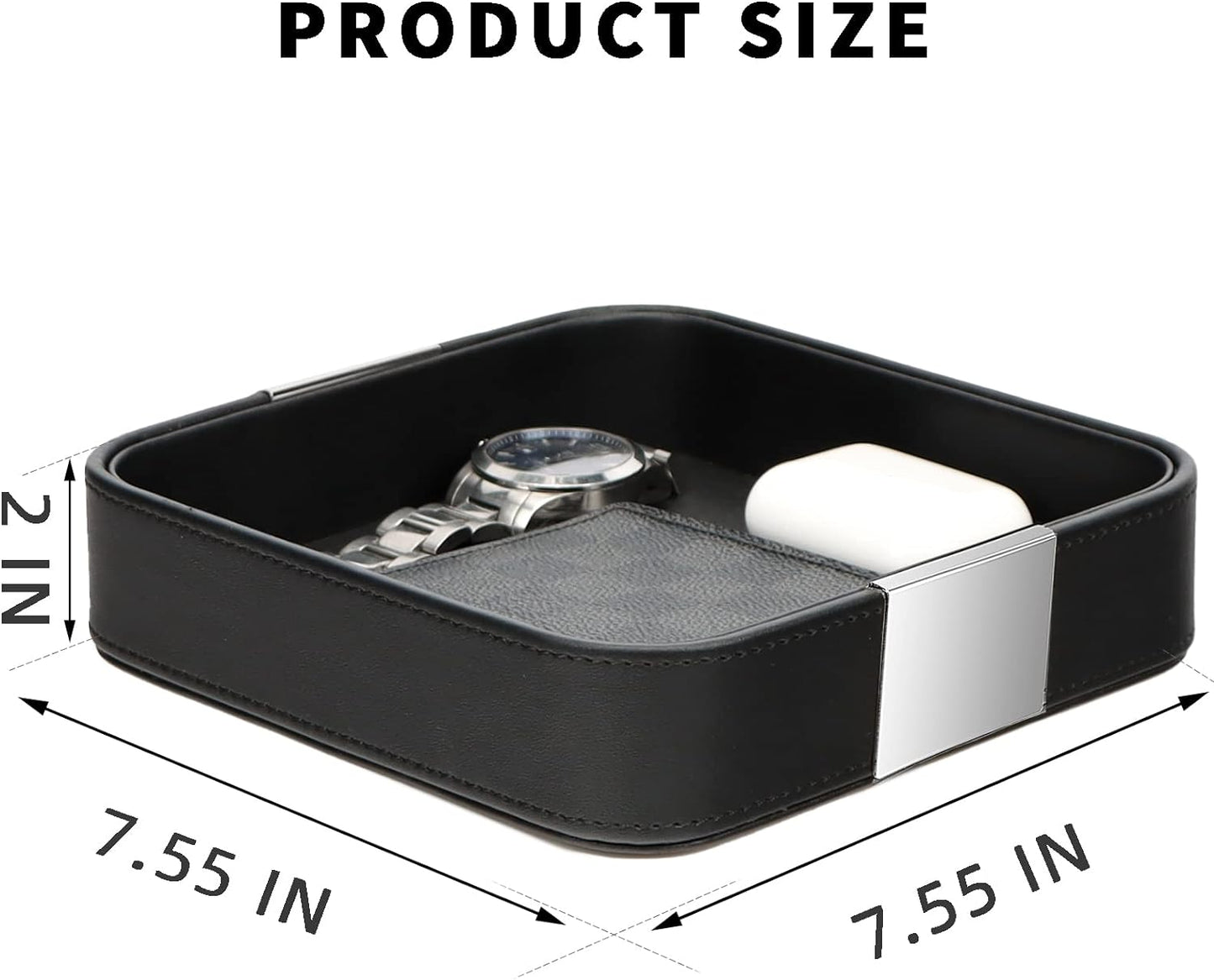 SANZIE Luxury Leather Desktop Storage Small Catchall Organizer Decorative Tray for Entryway Table to Hold Jewelry Watch Cosmetics Keys Phone Wallet, Home & Office Accessories (Metal Silvered, Black)