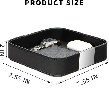 SANZIE Luxury Leather Desktop Storage Small Catchall Organizer Decorative Tray for Entryway Table to Hold Jewelry Watch Cosmetics Keys Phone Wallet, Home & Office Accessories (Metal Silvered, Black)