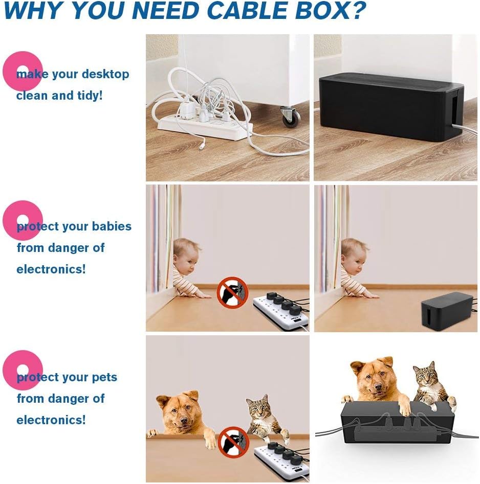 [Set of Three] Cable Management Boxes Organizer, Large Storage Wires Keeper Holder for Desk, TV, Computer, USB Hub, System to Cover and Hide & Power Strips & Cords (Black)