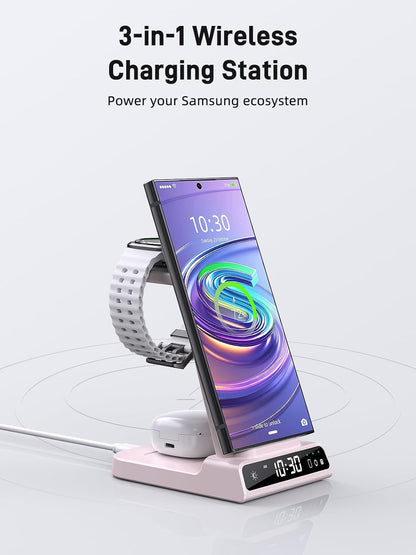 Wireless Charger for Samsung Charging Station: 3 in 1 Android Charging Stand with Dimmable Clock - Nightstand Organizer for Galaxy S25 Ultra, Galaxy Watch 8 7 6 5 4, Galaxy Buds, Space-Saving Charger