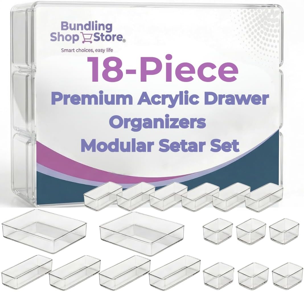Acrylic Drawer Organizers - 18 Piece Modular Set with Premium Ultra-Strong Stay-Put Technology - Custom-Fit Makeup & Vanity Organizer Bins for Bathroom, Office & Craft, Kitchen