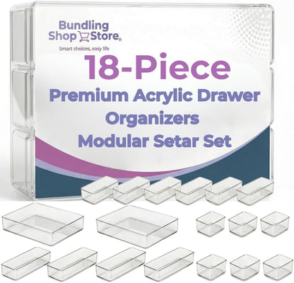 Acrylic Drawer Organizers - 18 Piece Modular Set with Premium Ultra-Strong Stay-Put Technology - Custom-Fit Makeup & Vanity Organizer Bins for Bathroom, Office & Craft, Kitchen