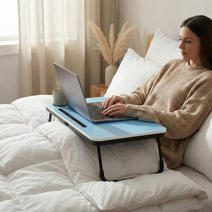 BUYIFY Foldable Laptop Bed Desk for Couch, Sofa - Large Lap Desk Tray Table with Cup Holder and Tablet Slot - Portable Notebook Stand for Eating, Writing, Studying and WFH -NEW-006
