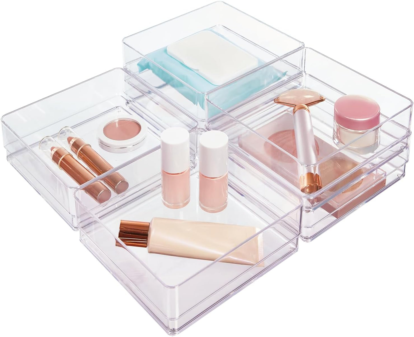 STORi SimpleSort 3-Piece Stackable Clear Drawer Organizer Set | 9" x 6" x 2" Rectangle Trays | Wide Makeup Vanity Storage Bins and Office Desk Drawer Dividers | Made in USA