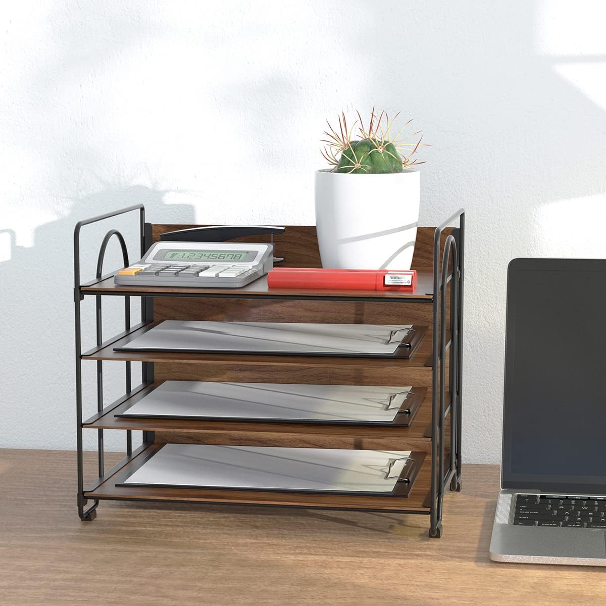 LUCYCAZ 4 Tier Paper Organizer for Desk - Wood Desk Organizer, Metal Paper Tray Organizer, File Organizer for Office Home School, Black