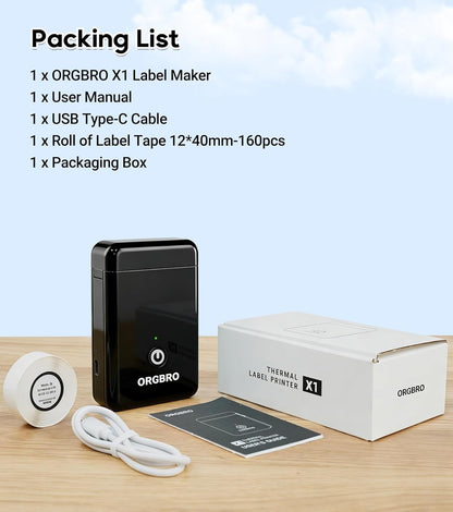 ORGBRO Label Maker Machine with Tape, X1 Portable Bluetooth Mini Label Printer, Support Pre-Cut & Continuous Label, Wireless Small Label Makers with Versatile App for School Home Office Organization