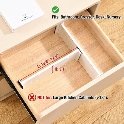 6-Pack Adjustable Drawer Dividers (10.8"-17.9"), 3.1" High Expandable Organizers for Baby Nursery, Bathroom Vanity, Desk & Junk Drawers - Non-Slip Locked Separation