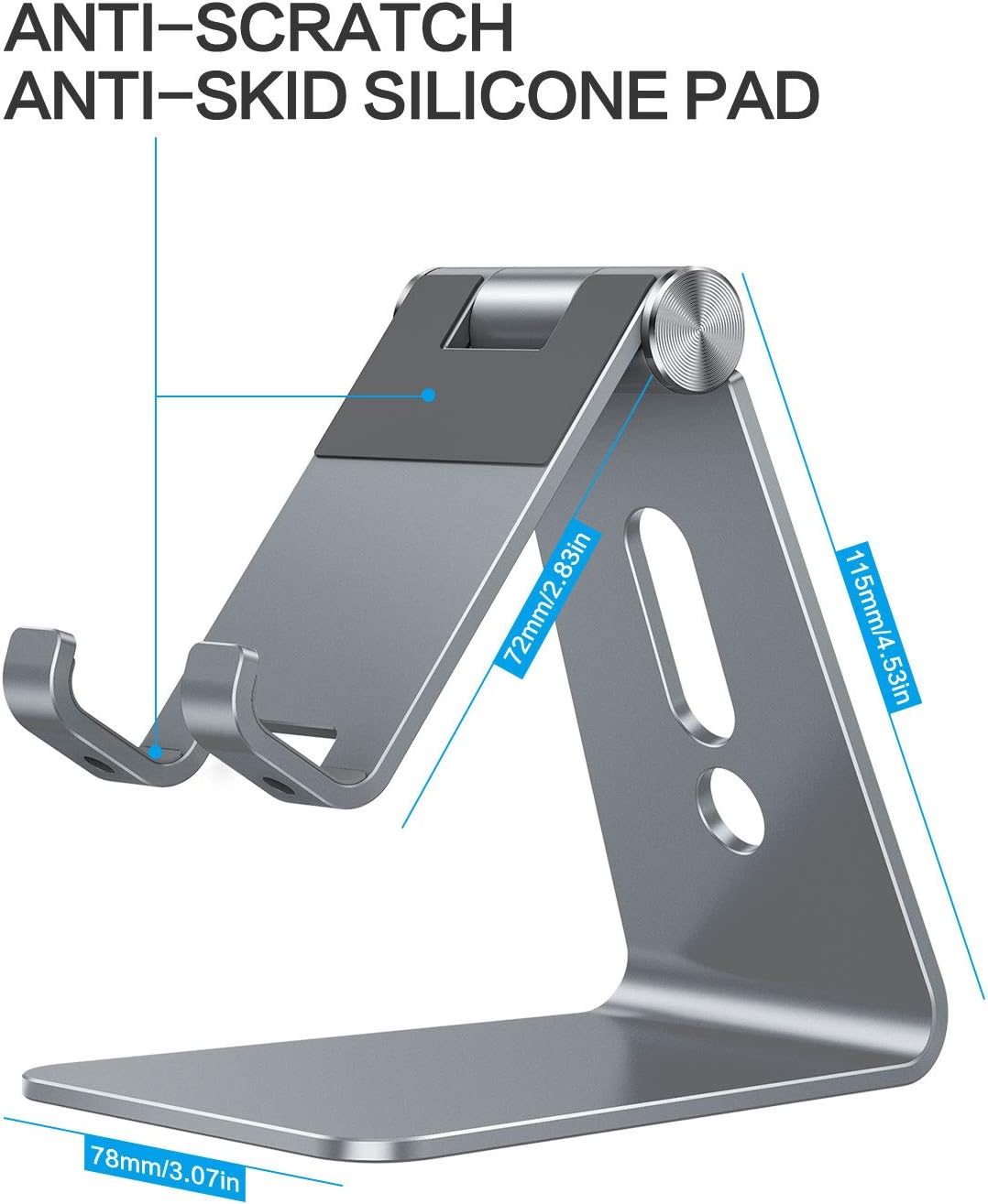 Adjustable Cell Phone Stand, OMOTON Aluminum Desktop Cellphone Stand with Anti-Slip Base and Convenient Charging Port, Fits All Smart Phones, Silver