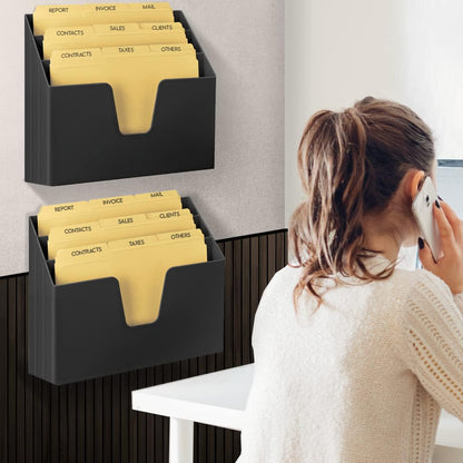 Acrimet Horizontal Triple File Folder Holder Organizer, Open-Top Desktop Document Sorter for Letter Size Papers & Folders, Includes 9 Manila Folders, Plastic Black