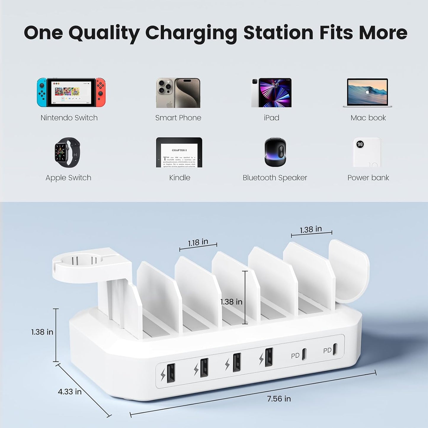 [2026 Upgrade] 190W Fast Charging Station for Multiple Devices【Certified Safer Charging】 6 Port USB Charger Station - Multi-Device Charging Dock with Phone/MacBook/iPad/Tablet (8 Mix Cables Included)