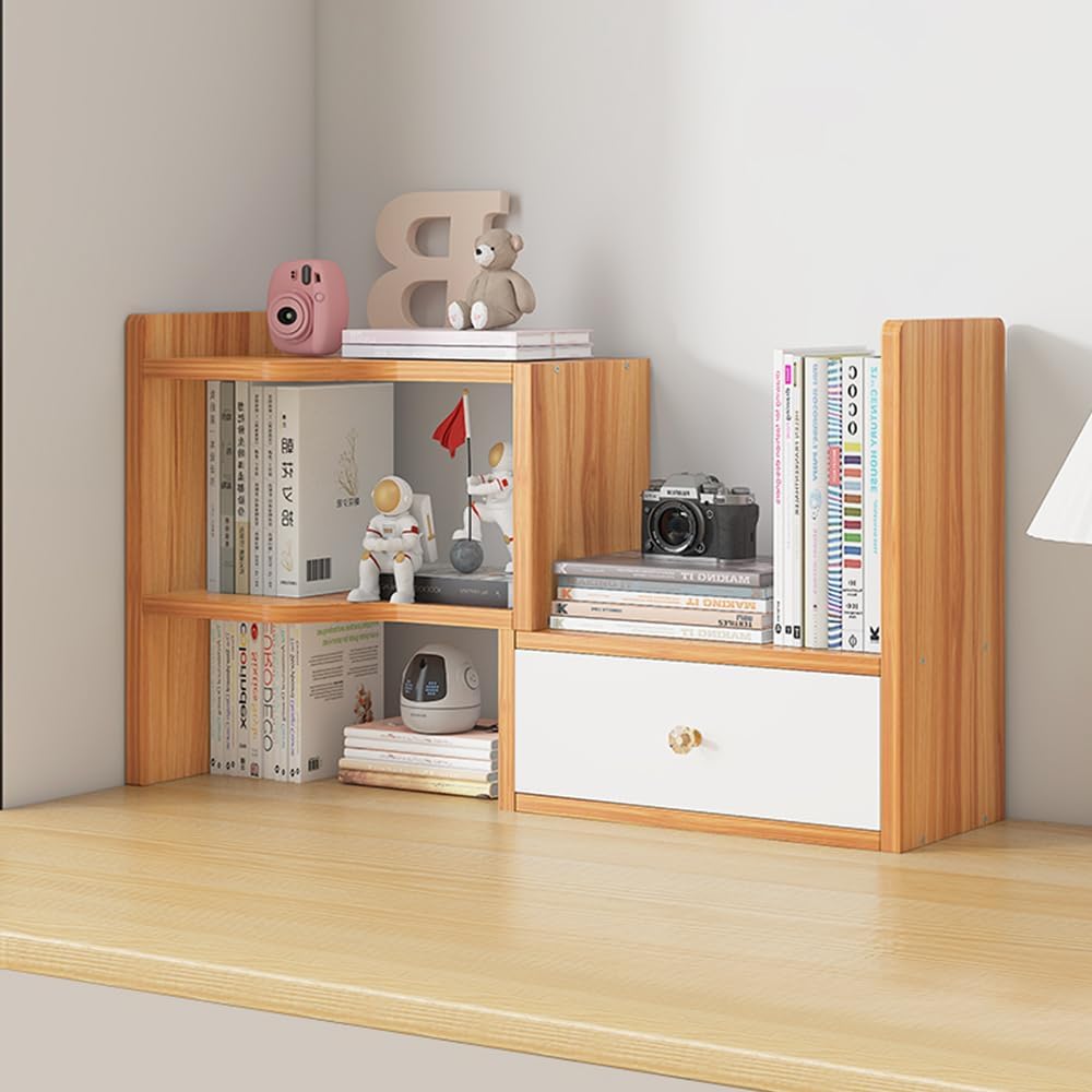 Expandable Wood Desktop Bookshelf, Freestyle Adjustable Wood Display Desk Shelf Counter Storage Rack Top Bookcase for Office & Home (White)