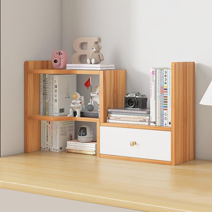 Expandable Wood Desktop Bookshelf, Freestyle Adjustable Wood Display Desk Shelf Counter Storage Rack Top Bookcase for Office & Home (White)
