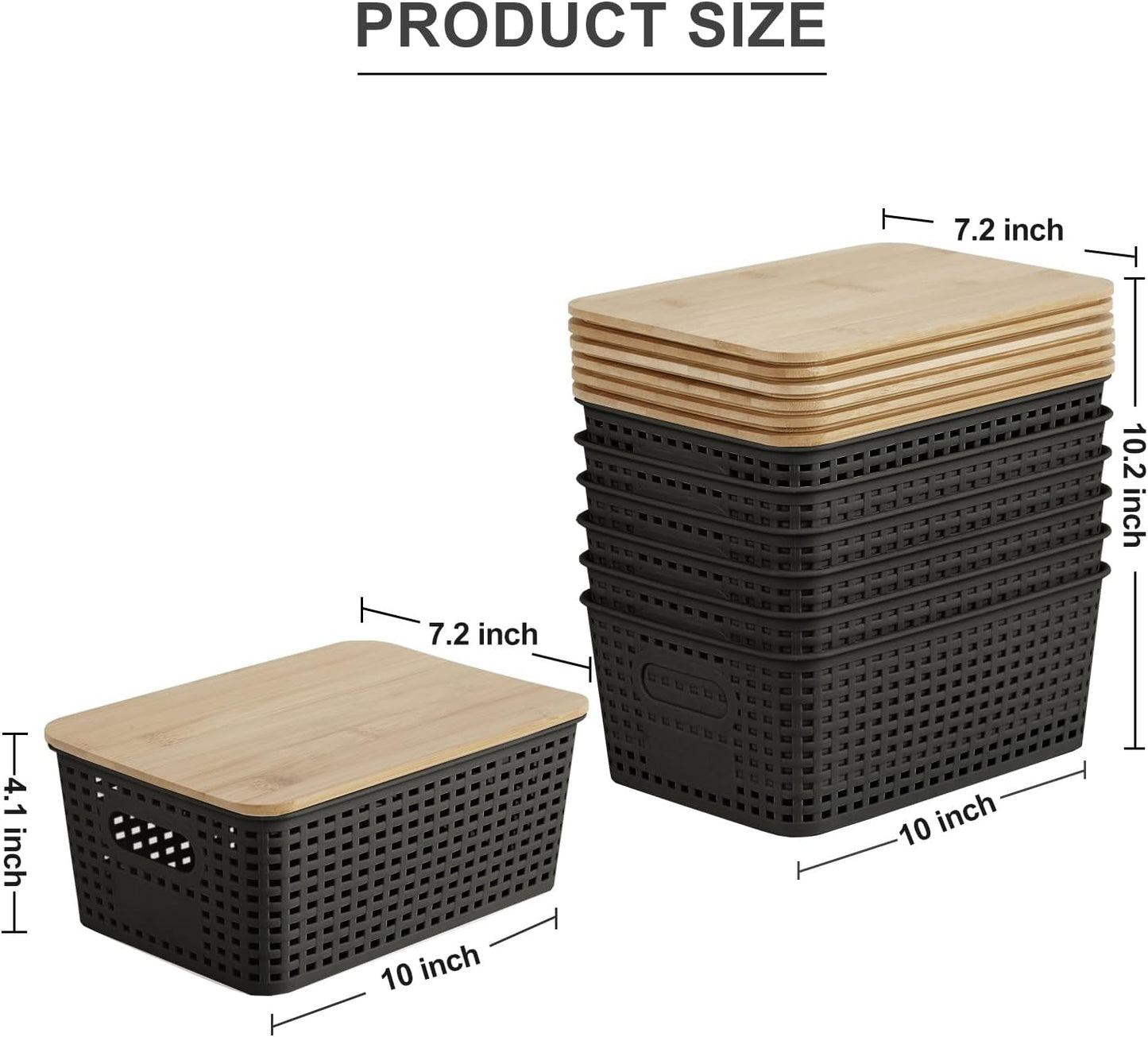 Bagnizer Small Plastic Storage Bins with Bamboo Lids 5.2qt Stackable Box Basket Pantry Decorative Containers Cute with Labels for Organizing Desktop Closet Office Cream White of 6 packs 10*7.2*4.1"