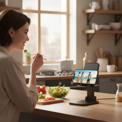Adjustable Phone & Tablet Stand for Desk, Foldable Holder with Stable Base and Non-Slip Design, Compatible with iPhone, Android Phones and Tablets