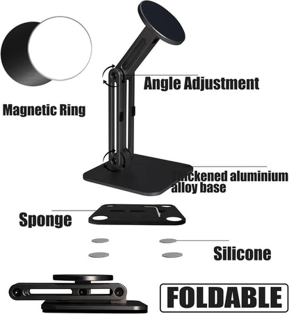 Magnetic Phone Stand for Desk, Heightened & Adjustable & Foldable Metal Magnetic Phone Holder Stand for Desk/Office/Home, Compatible with iPhone 12-17All Series/Mag Safe Case (Black