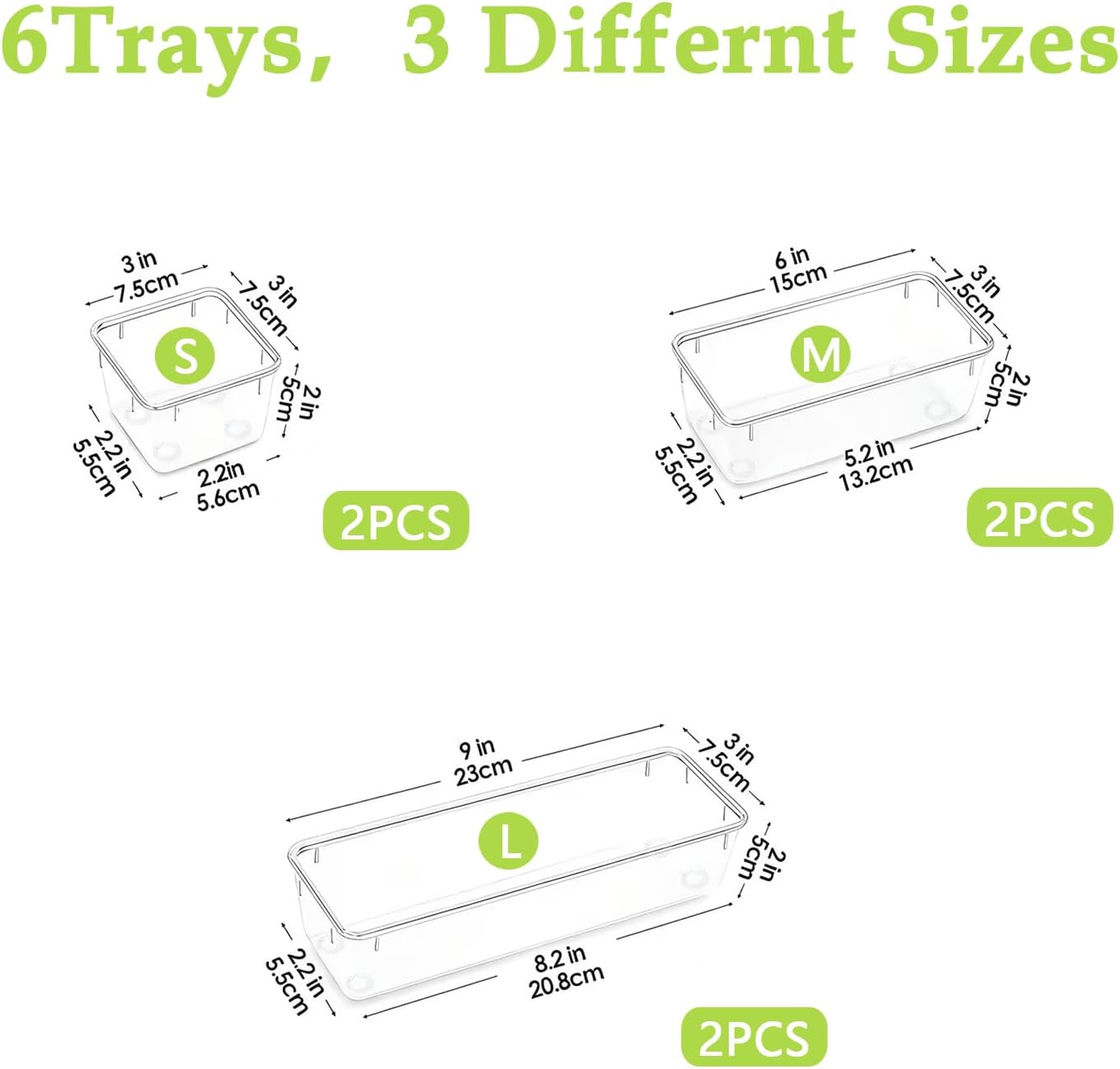 Clear Acrylic Drawer Organizer Trays, 5 Size Junk Box Organization Small Storage Container Bin for Desk Makeup Bathroom Vanity Kitchen Tool Make Up Workspace Home Dorm Apartment Office Room Nightstand