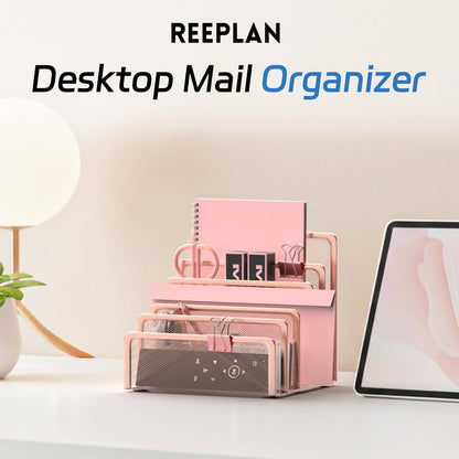 Mail Organizer Countertop with 5 Slot, Metal Mail Holder for Desk, File Holder Letter Sorter for Envelope, Bill and Document (Rose Gold)