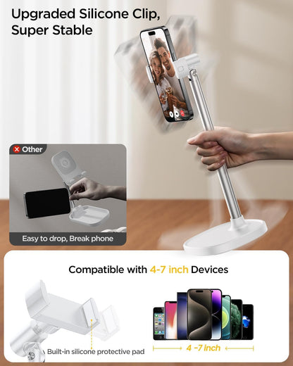 DIMONCOAT Phone Stand for Desk, Angle Height Adjustable Phone Holder for Desk, Aluminum Alloy Universal iPhone Holder, Retractable Cell Phone Stand Recording Office for iPhone 17 16 15 Pro Max S26