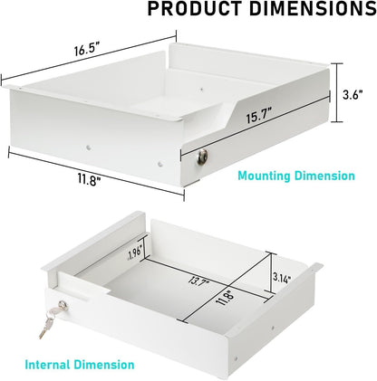 Under Desk Drawer Storage with Lock, Metal Undermount Table Drawer, Ball Bearing Slides Out Tray Organizer for Paper, Pencil, and Laptop 16"x11.8"x3.6", White