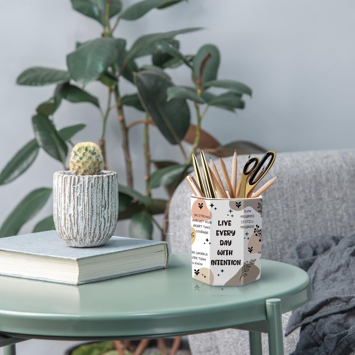 WAVEYU Ceramic Pen Holder for Desk Cute, Pencil Cup Pot Desk Organizer, Makeup Brush Holder for Women, Men, Kids, Desk Marble Decor for Office, Classroom, Home, Gray Golden