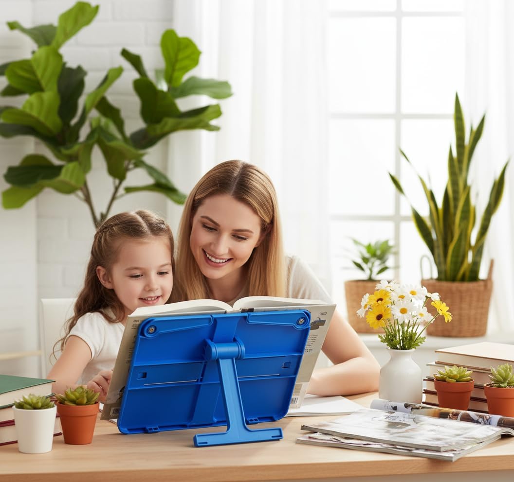 Book Holders for Reading Hands Free Desktop Cookbooks Stands Tray Portable Foldable Lightweight Bookstands Page Clips Rest for Music Score Cookbook Tablet Textbooks Ergonomic Reading Posture (Blue)