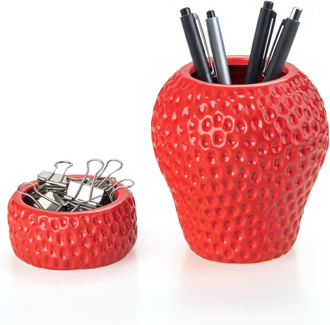 Ceramic Paper Clip Holder, Strawberry Pen Holder Set, Desktop Aesthetic Creative Storage Set of 2, Office Home Decor(Red)