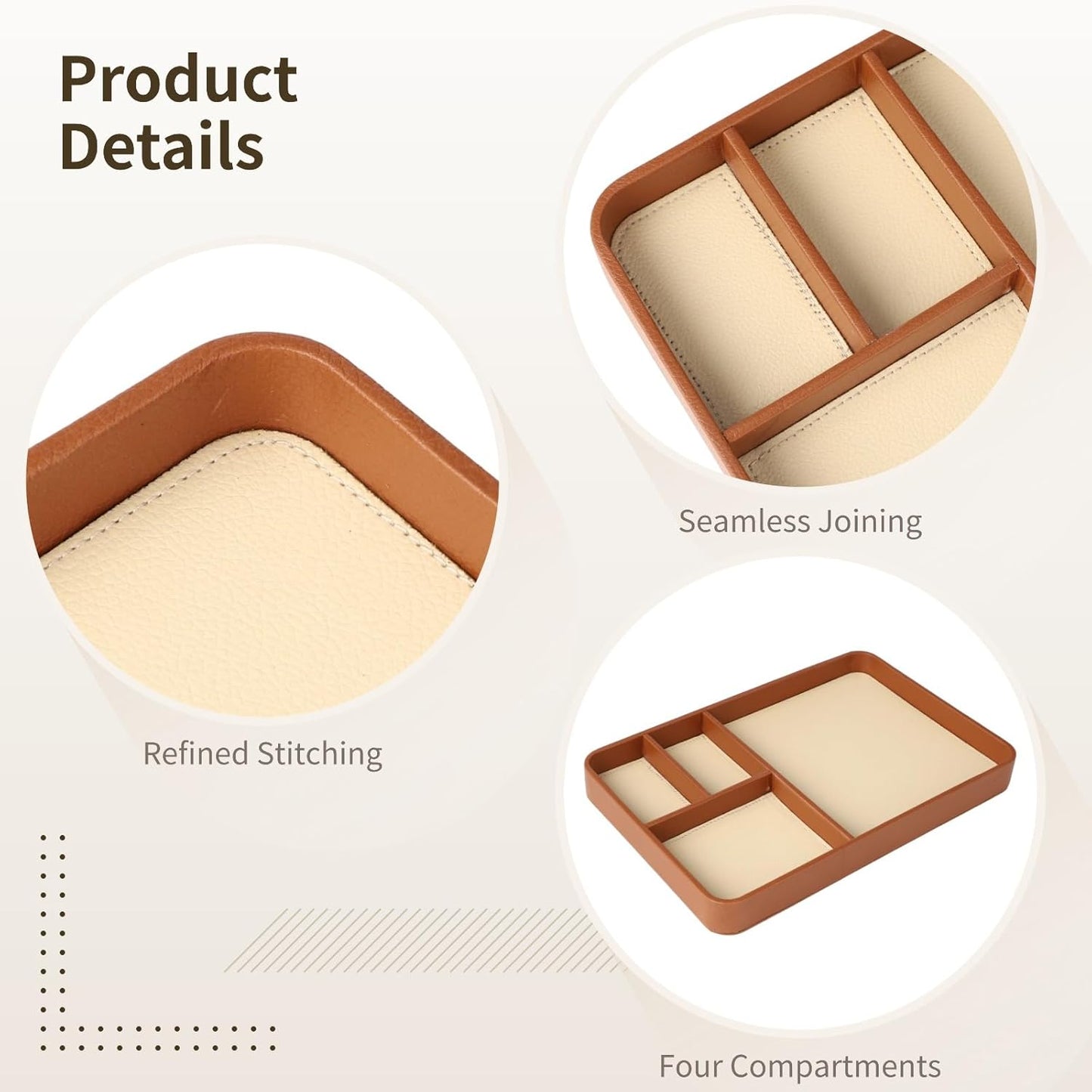 Caramel Leather Valet Tray for Men, Vegan Catchall Organizer - Nightstand & Bedside Caddy with 4 Compartments, 11.81"x7.87" Desktop Organizer
