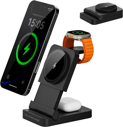 3-in-1 Foldable & Retractable Magnetic Wireless Charger, 15W Fast Charging Station, Portable Fast Charging Stand, Charging for iPhone 17/16/15/14/13/12, Apple Watch, AirPods (Black)