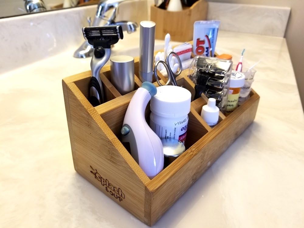 Small Multifunctional Bamboo Organizer | Desk Caddy | Home Office Accessory Tray | School Art Supply Holder | Pen Pencil Brush Compartment | Kitchen Bathroom Countertop Storage
