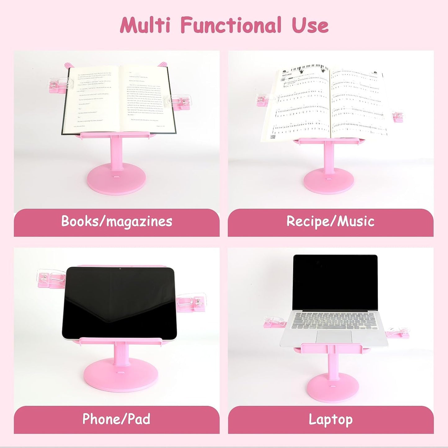 Kids Book Stand, Adjustable Reading Holder, Thick Base, Foldable Reading Stand with Elastic Page Clips, for 8.5"×11" or Smaller, Gift for Children's Day, Pink