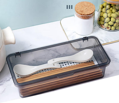 Transparent Flatware Tray Kitchen Drawer Organizer With Lid - Plastic Kitchen Cutlery Tray and Utensil Silverware Storage Container with Cover - Dinnerware Holder for Spoons Forks Knives