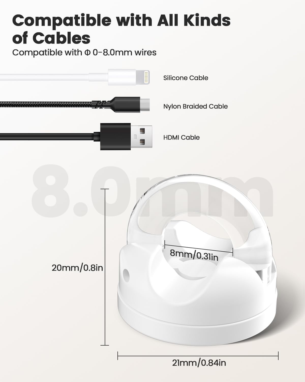 8-Pack Magnetic Cable Clips Cord Organizer, 360° Swivel Cable Holder with 8mm Slot for Phone Charging Cord, HDMI, USB, Strong Adhesive for Desk, Nightstand, Wall, No-Residue Removal