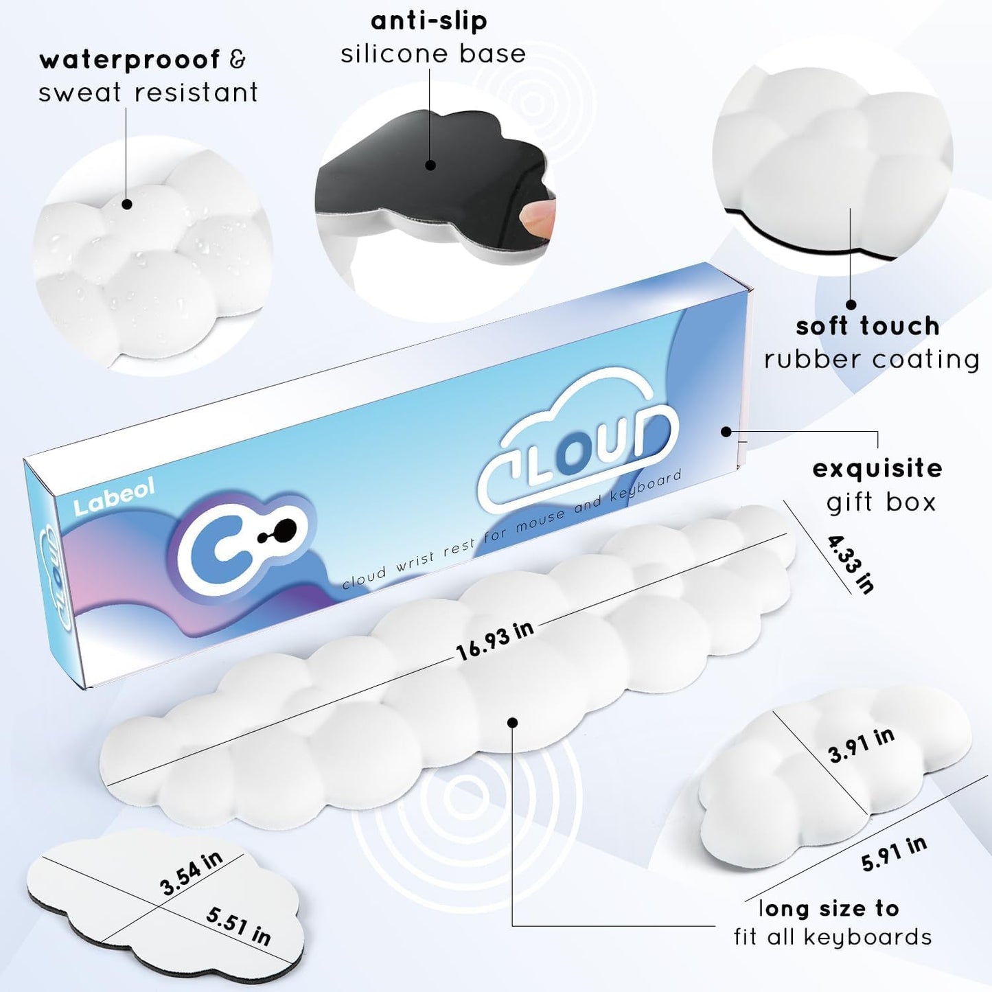 Cloud Wrist Rest for Computer Keyboard Arm Wrist Rest with Non-Slip Base Extended Wrist Rest Ergonomic Memory Foam for Keyboard and Mouse Typing Pain Relief, Office, Gaming, Computer