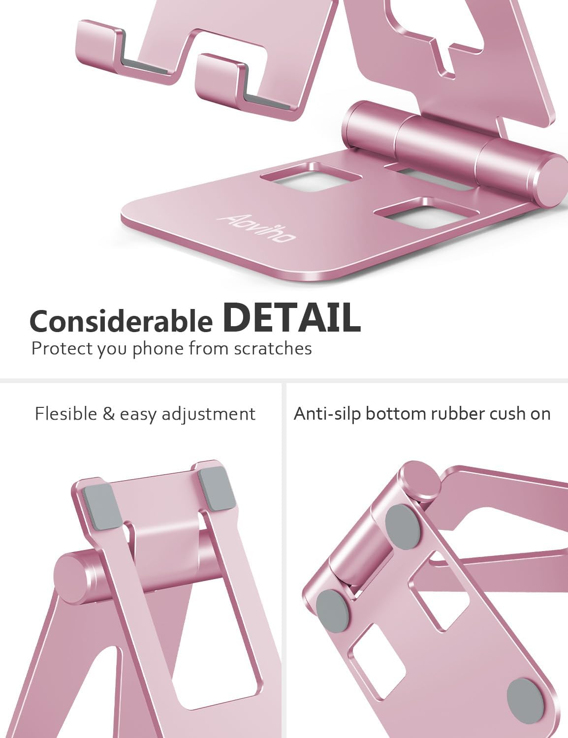Aoviho Cell Phone Stand for Desk, Adjustable Desktop Phone Holder Stand, Foldable Moblie Phone Dock for iPhone17 16 15 14 13 12 11 Pro Xs Max Xr X 8 7 6 5 5s SE Nintendo Switch All Phones, Pink
