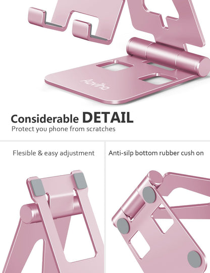Aoviho Cell Phone Stand for Desk, Adjustable Desktop Phone Holder Stand, Foldable Moblie Phone Dock for iPhone17 16 15 14 13 12 11 Pro Xs Max Xr X 8 7 6 5 5s SE Nintendo Switch All Phones, Pink