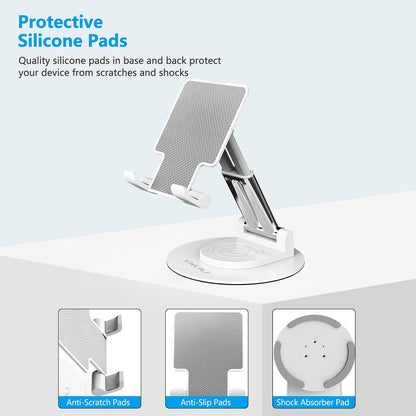 YXLILI Foldable Phone Stand Adjustable Angle Height Cell Phone Holder for Desk 360° Rotating Cellphone Stand for Office Compatible with iPhone14/13/12/11 Pro, Max, Mini, iPad(4-12.9 inch) (White)