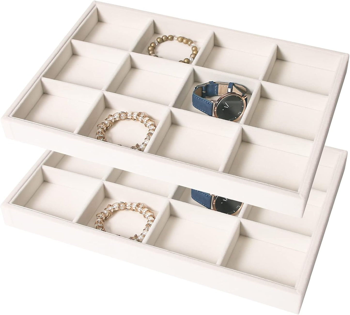 Coward Stackable Jewelry Trays Organizer Set with Clear Lid, Trays for Drawer, Earring Necklace Bracelet Ring Display Organizer (beige(ring+12girds+30girds+The glass lid))