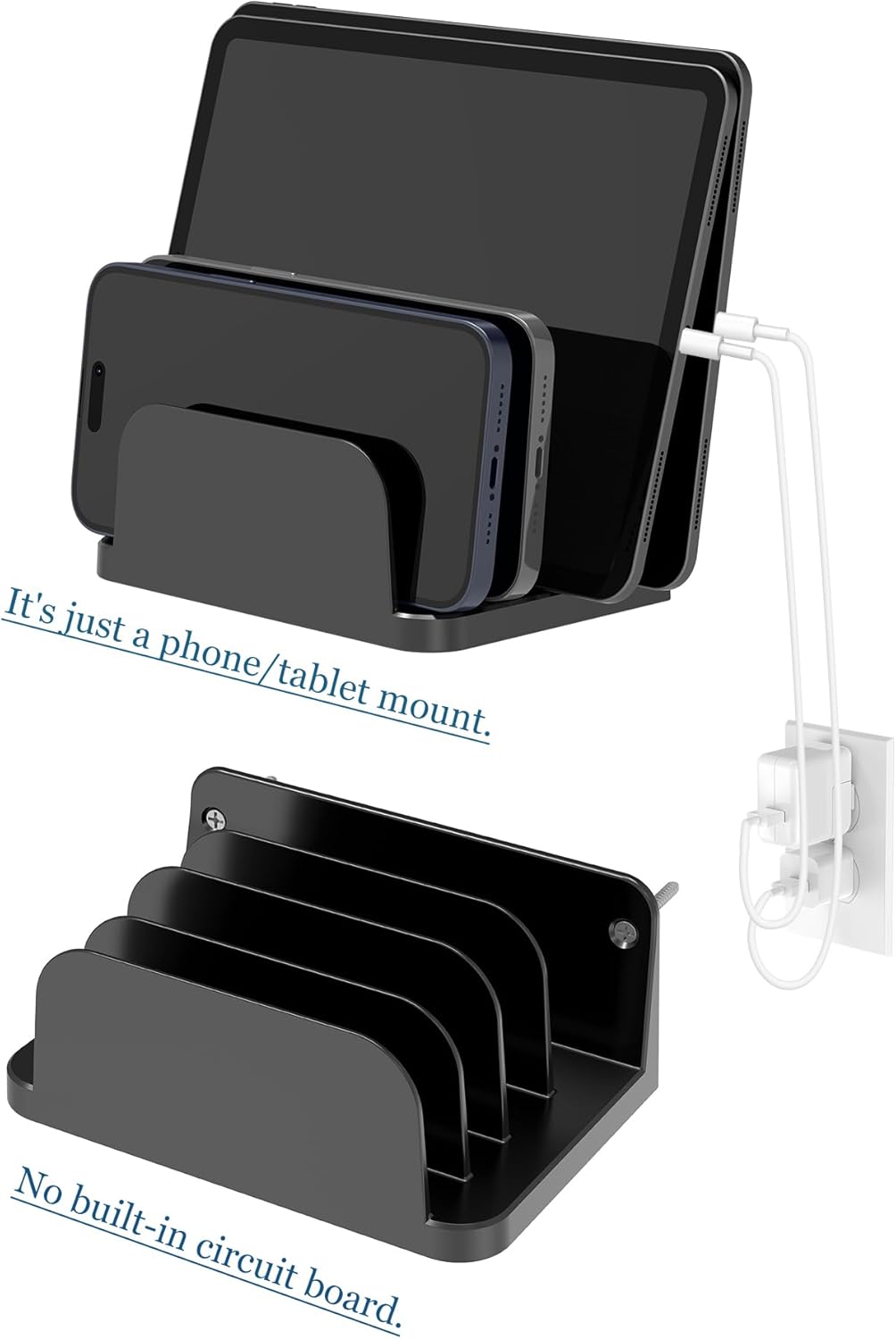 Wall Mount Phone Holder for Smartphones and Tablets, Phone Shelf with 4-Slot Docking Station Compatible with Tablet, ipad, Kindle Wall Charging Organizer (Black)