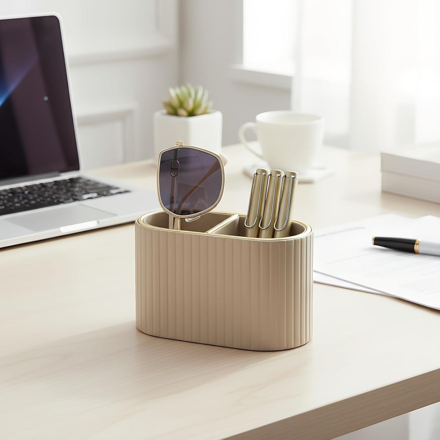 KINGFOM PU Leather Desk Organizer Pen Holder – Dual-Compartment Stylish Pencil Cup Remote Control Holder Desktop Supplies and Accessories Organizer Caddy for Office Home School (Light Beige)