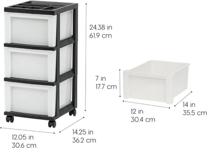 IRIS USA Plastic Drawer Storage Organizer Rolling Cart, with Wheels Casters, 4-Drawers, for Classroom Art Craft Supplies Dresser Closet Bathroom Laundry Room, Black/Pearl